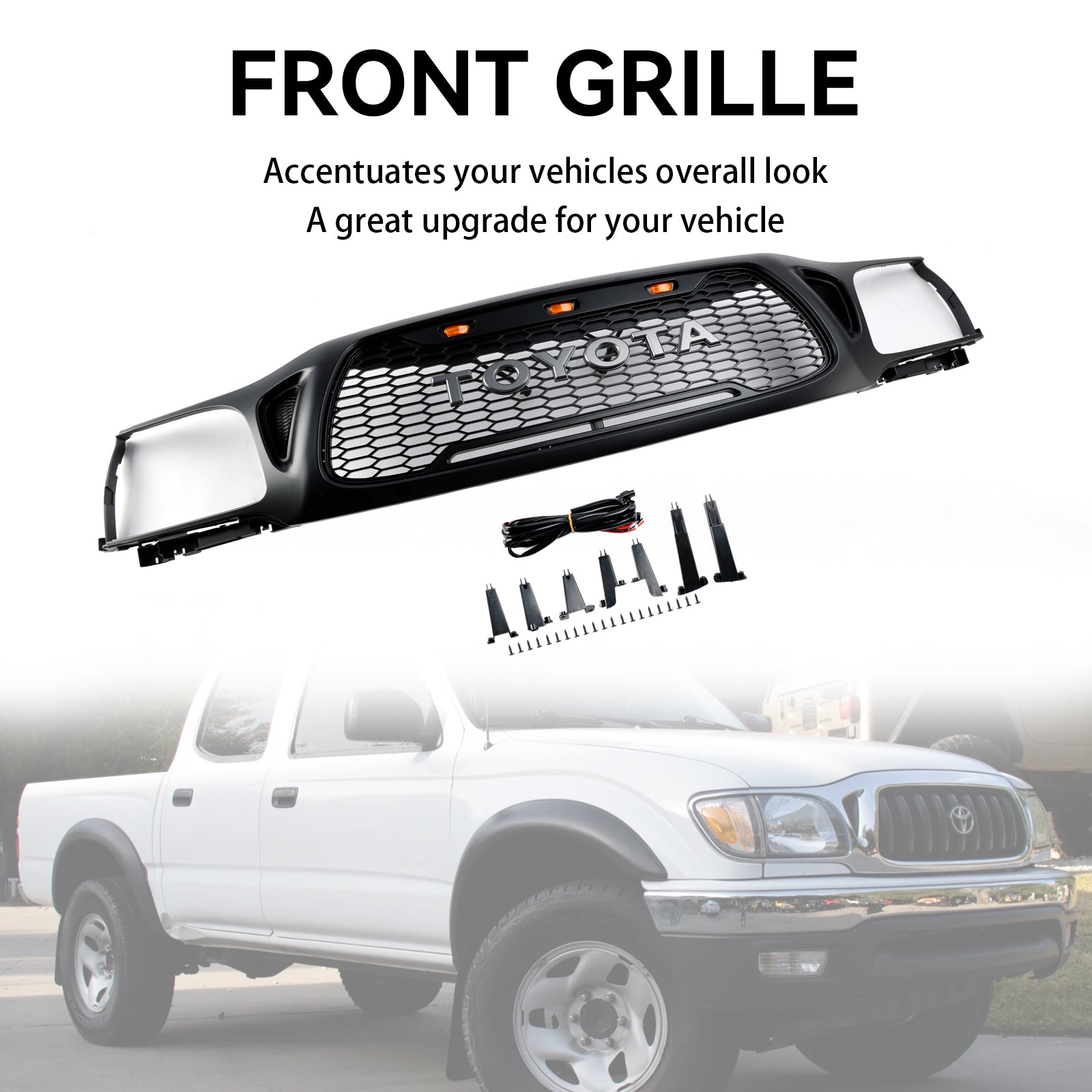 Toyota Tacoma 2001 2002 2003 2004 TRD PRO Style Black Grille Honeycomb Front Bumper Replacement Grille W/ LED Light