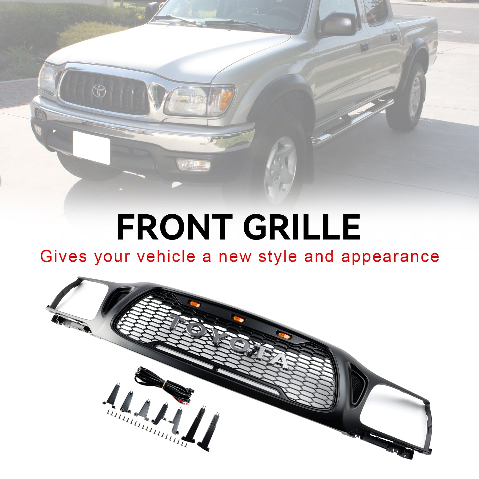 2001-2004 Toyota Tacoma Honeycomb Front Bumper Grill Replacement Black Grille