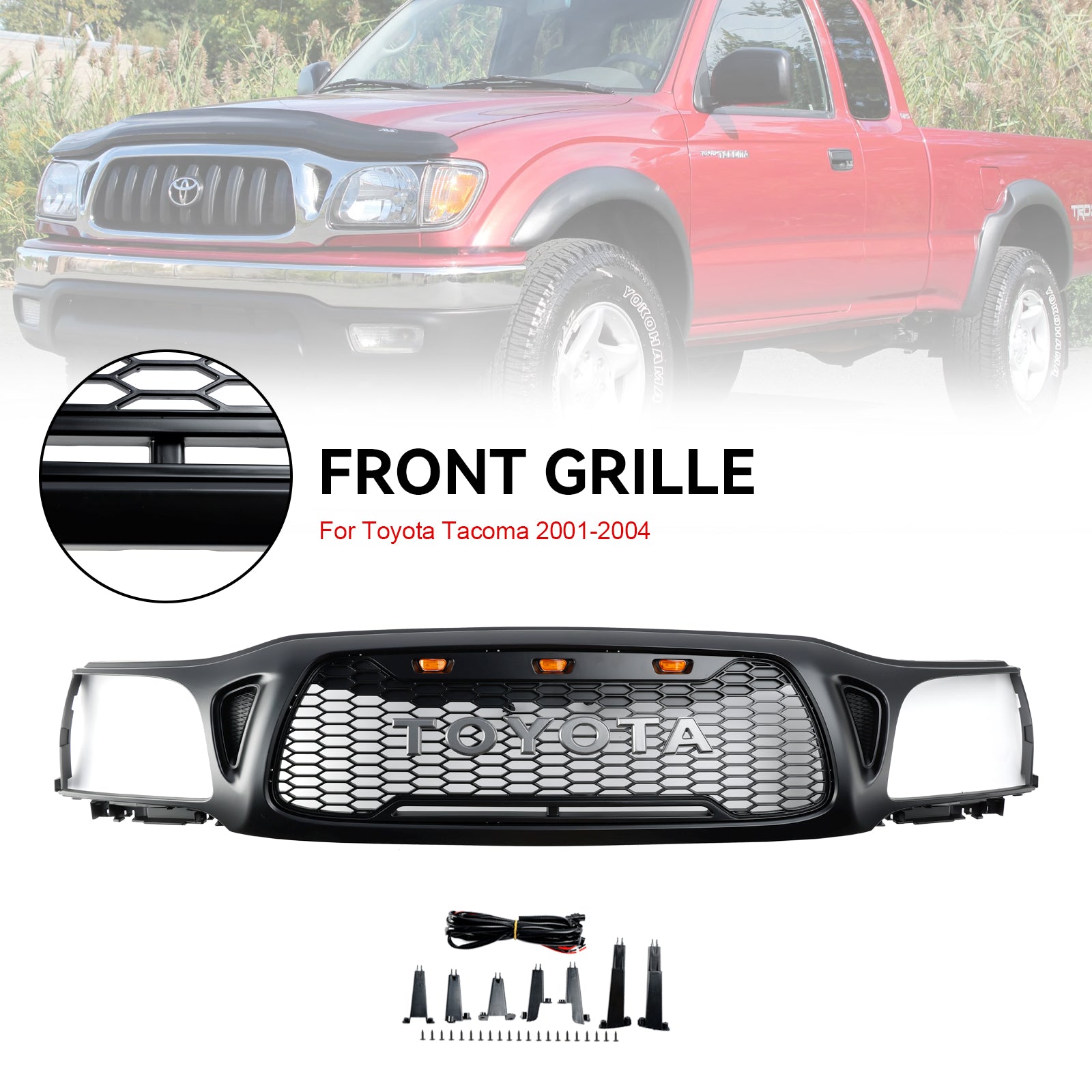 2001-2004 Toyota Tacoma Honeycomb Front Bumper Grill Replacement Black Grille