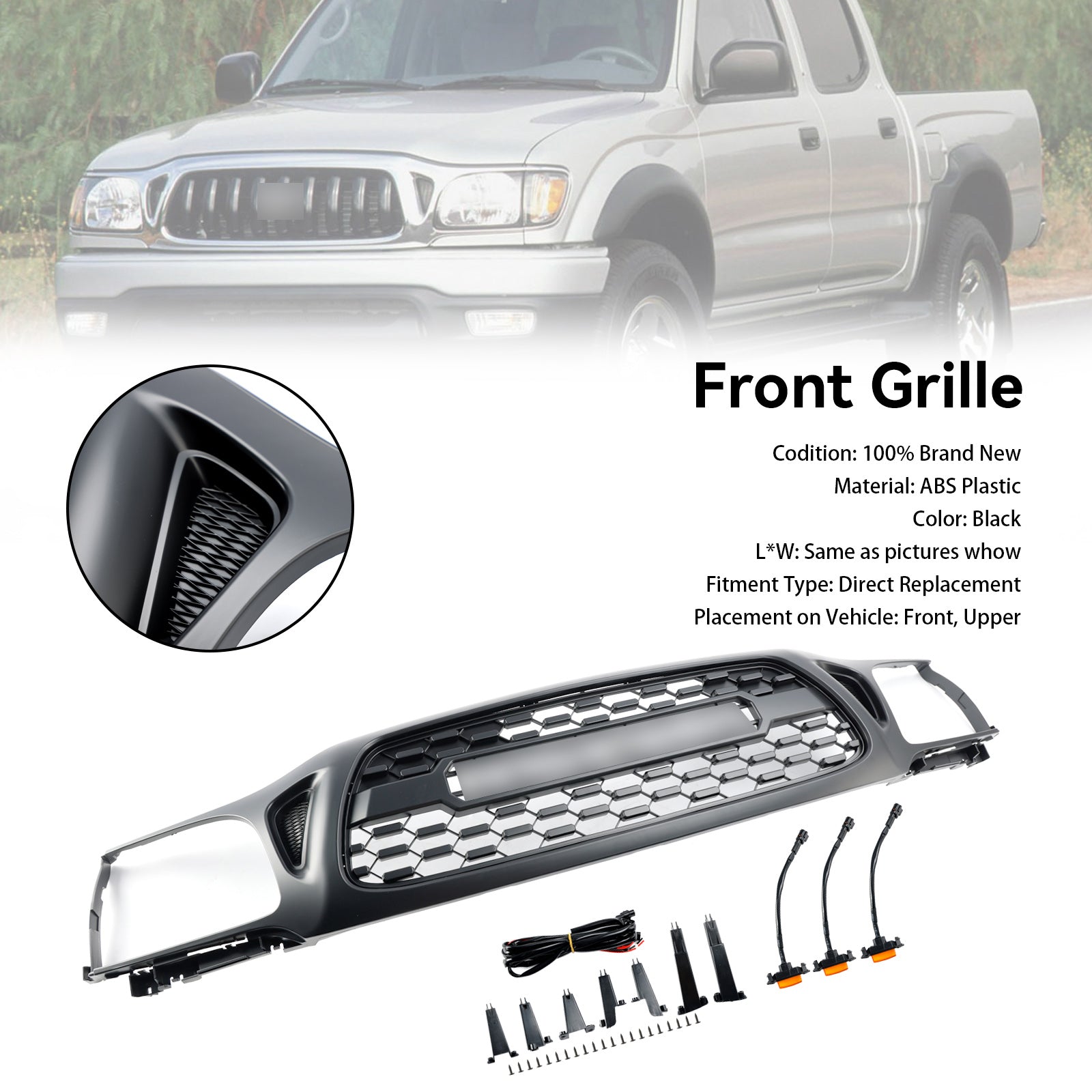 Tro Pro Style | Toyota Tacoma | Matt Black Grille | 2001 2002 2003 2004 | Palette de pare-chocs avant + lumière LED + lettre - 0