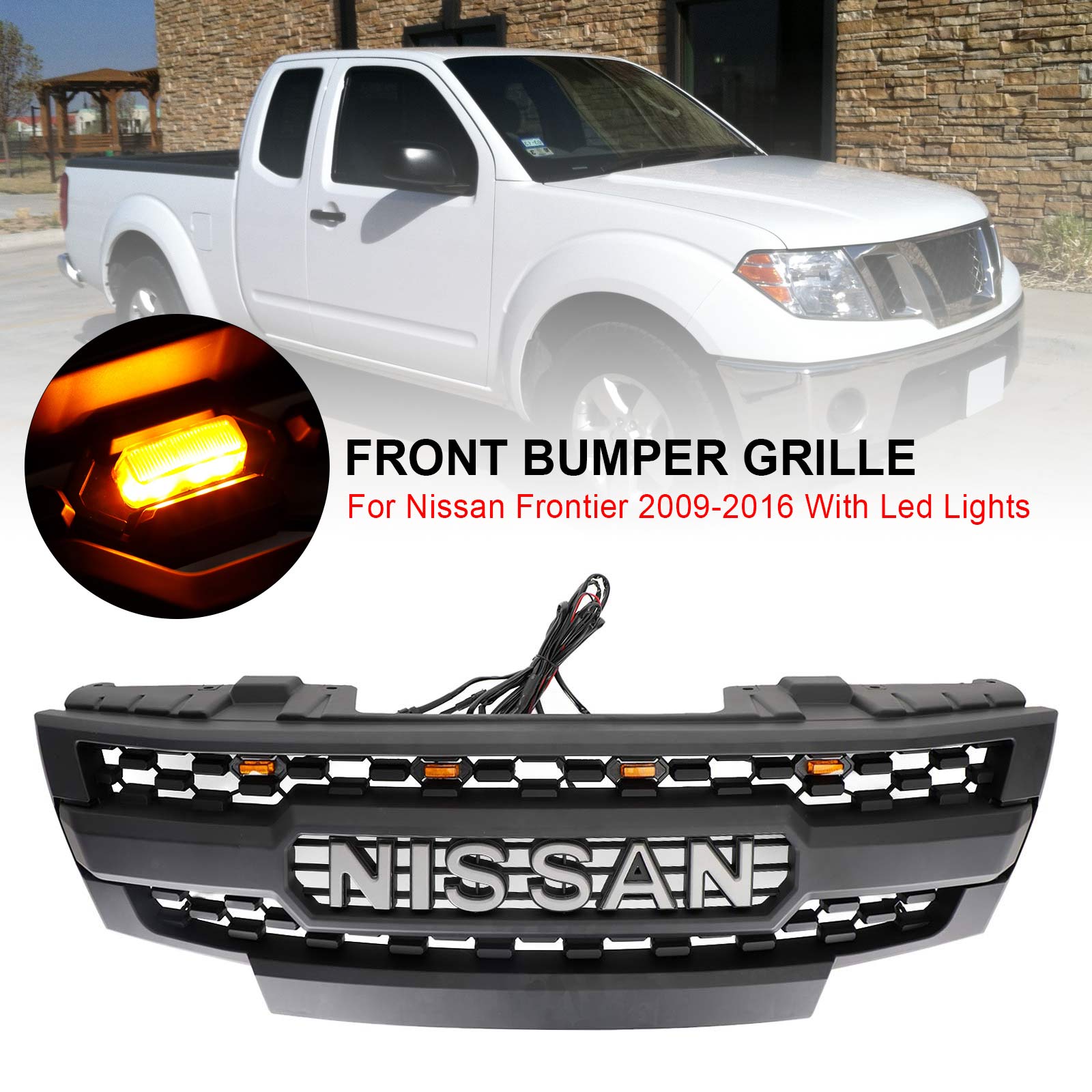 2009-2016 Nissan Frontier Black Front Bumper Grill Replacement W/Led Lights