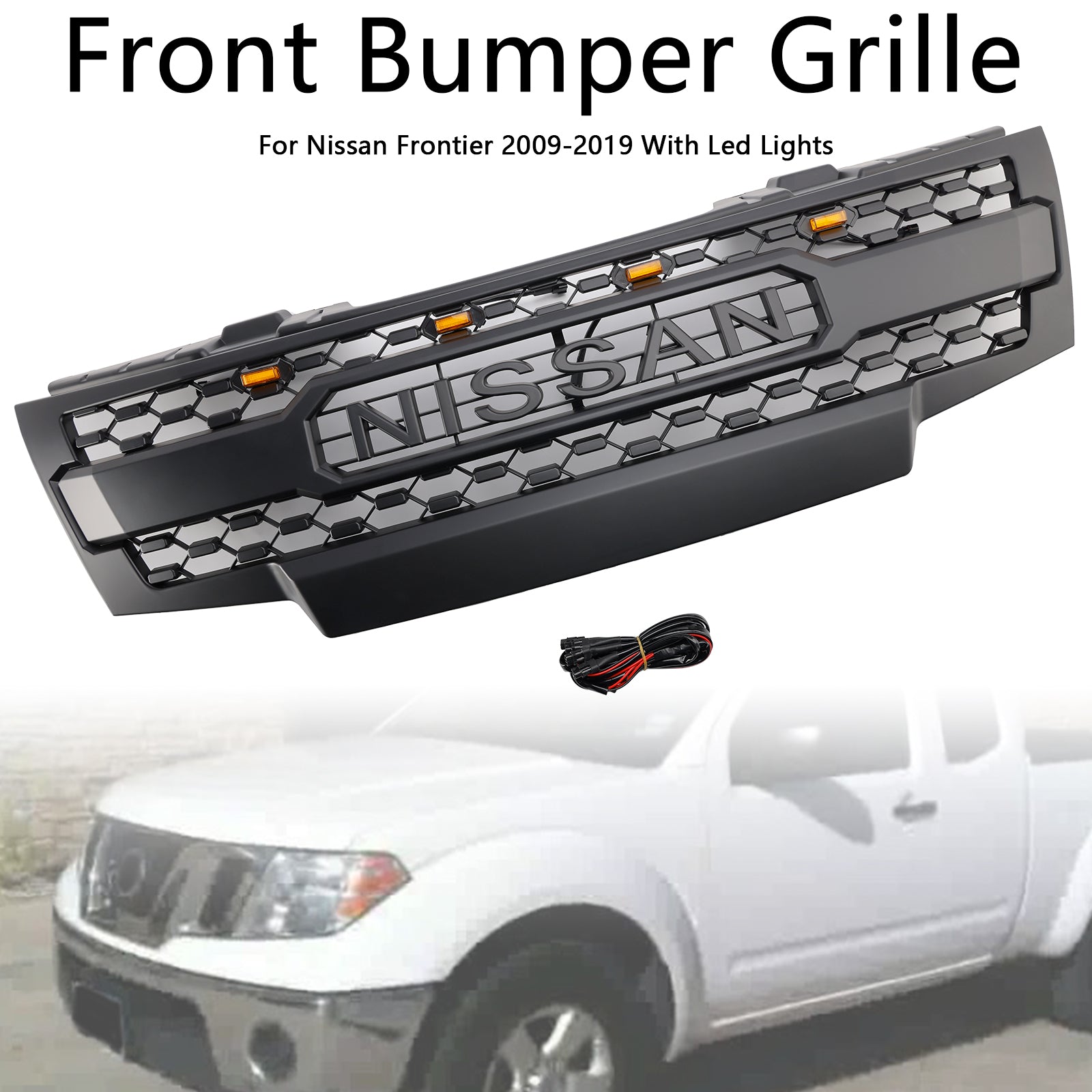 Nissan Frontier 2009-2016 Frontgrill Waben Ersatz oberer Stoßfänger schwarzer Kühlergrill mit LED-Licht