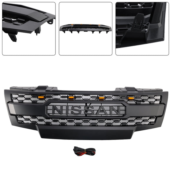 Parrilla de repuesto para parachoques delantero Nissan Frontier 2009-2016, color negro mate, con luces LED