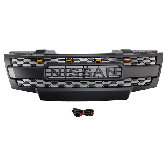 Parrilla de repuesto para parachoques delantero Nissan Frontier 2009-2016, color negro mate, con luces LED