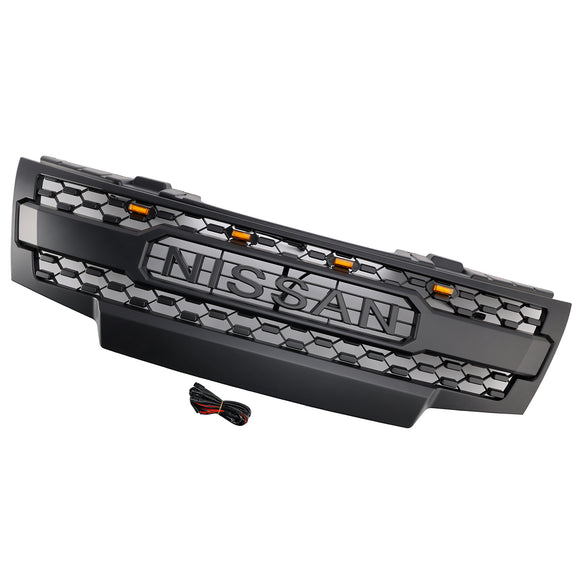 Parrilla de repuesto para parachoques delantero Nissan Frontier 2009-2016, color negro mate, con luces LED