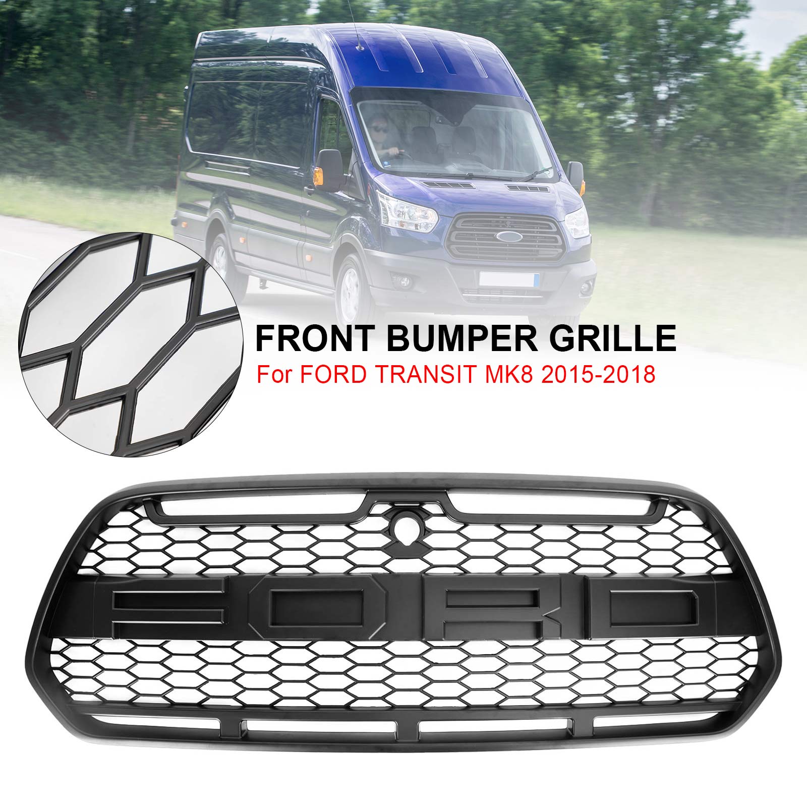 2015-2019 Ford Transit Mk8 Raptor Front Grill Matt Black Honeycomb Radiator Bumper Grille