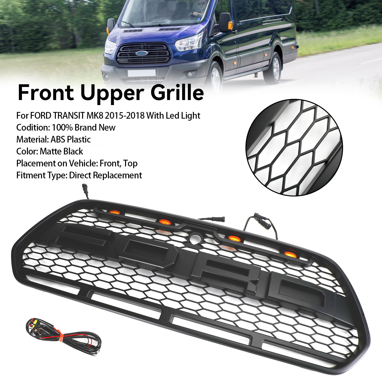 Rejilla de parachoques delantera estilo Raptor negra con LED para Ford Transit Mk8 2015-2019