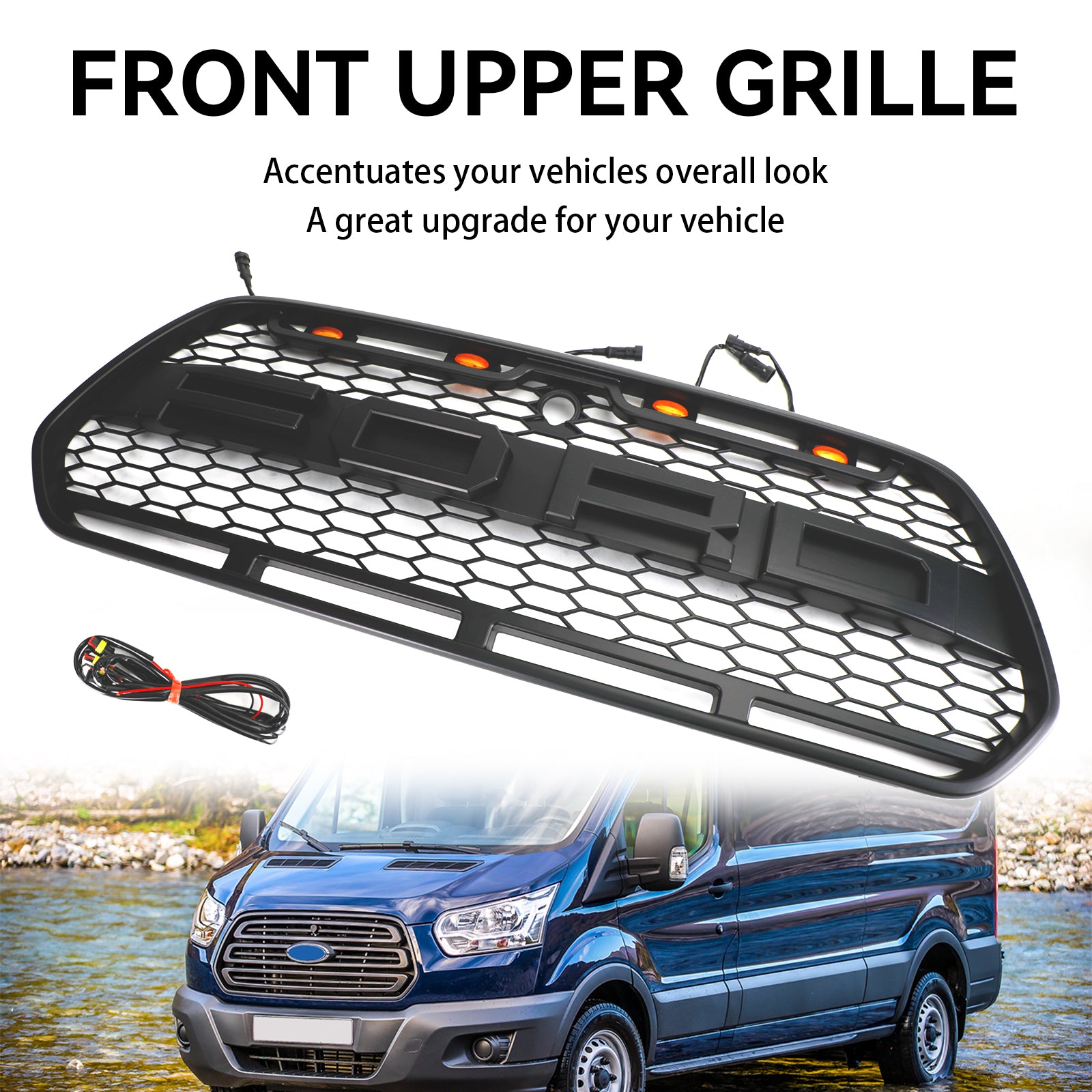 Rejilla de parachoques delantera estilo Raptor negra con LED para Ford Transit Mk8 2015-2019