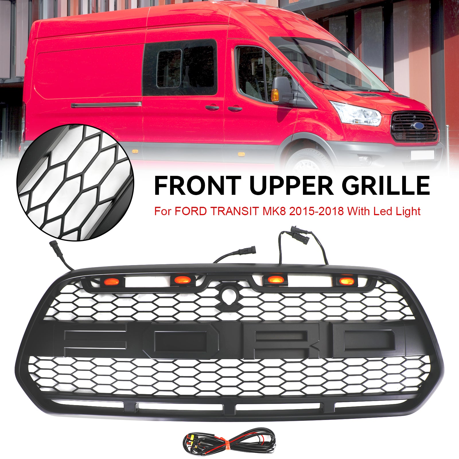 Ford Transit Mk8 2015-2019 Front Bumper Grille Raptor Style Black Grill w/LED