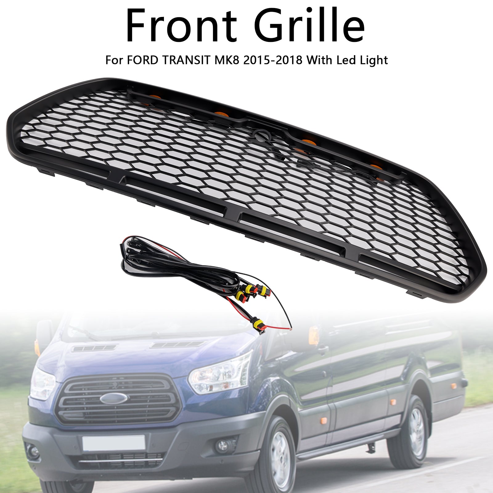 Ford Transit Mk8 2015-2019 Matt Black Front Bumper Grill Replacement Black Raptor Style Grille