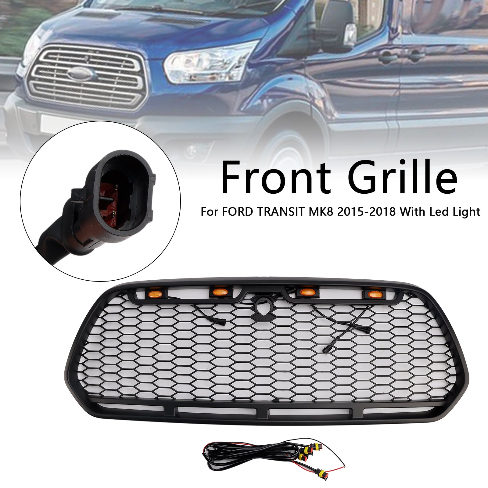 Ford Transit Mk8 2015-2019 Matt Black Front Bumper Grill Replacement Black Raptor Style Grille