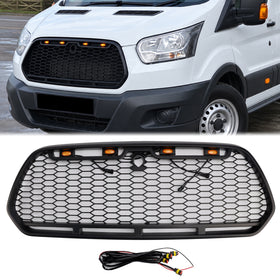 Ford Transit Mk8 2015–2019, mattschwarzer Frontstoßstangengrill, schwarzer Kühlergrill im Raptor-Stil mit LED
