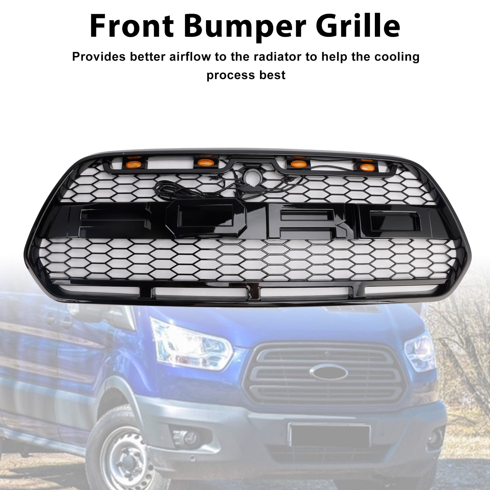 2015-2019 Ford Transit Mk8 Grill con/ 3 LED Gloss Black Bumper Bumper Raptor Grille