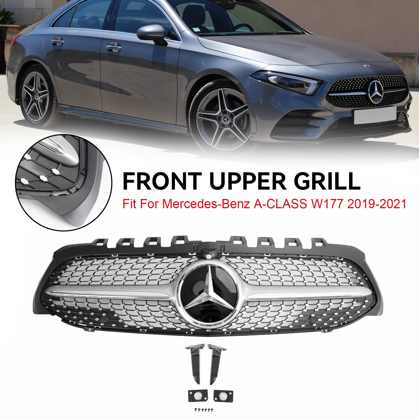 Grille de pare-chocs avant en diamant pour Mercedes Benz W177 CLASSE A A180/200/A35 2019-2023 Grille chromée noire