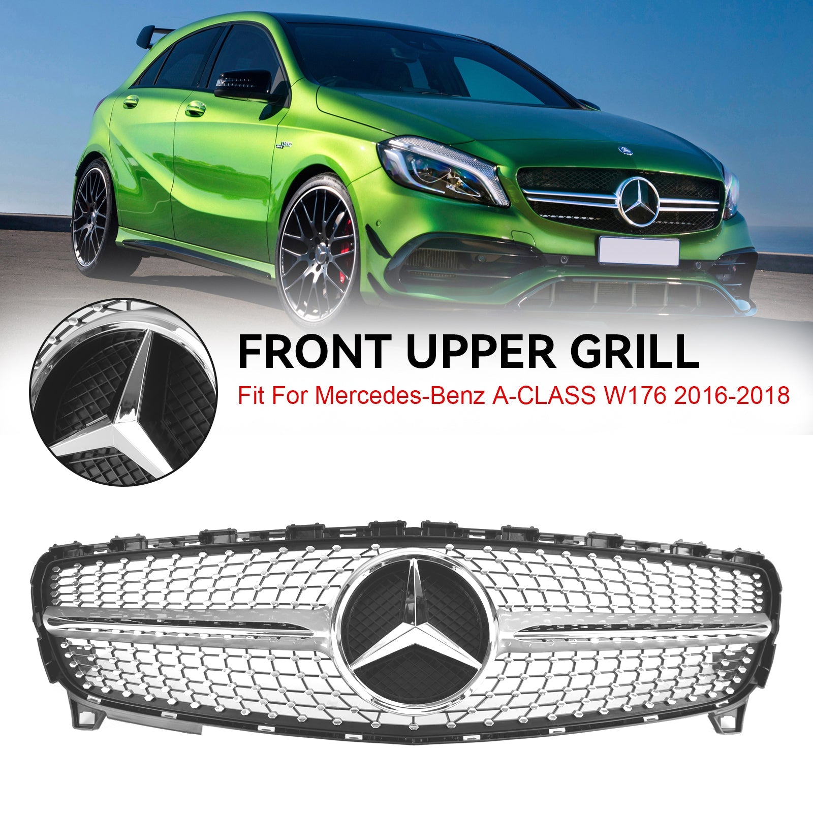 Rejilla de parachoques delantero con forma de diamante de repuesto para Mercedes Benz CLASE A W176 A180/200/A45 2016-2018