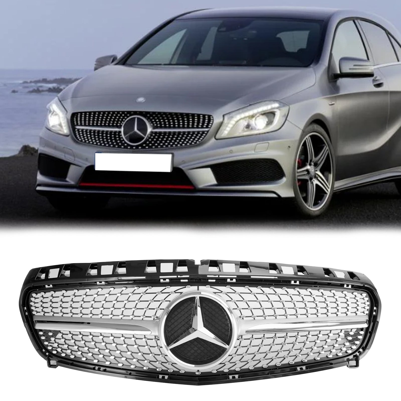 Benz 2013-2015 W176 A-Class A180/200/A45 Front Bumper Grille Black Chrome Replacement Grill