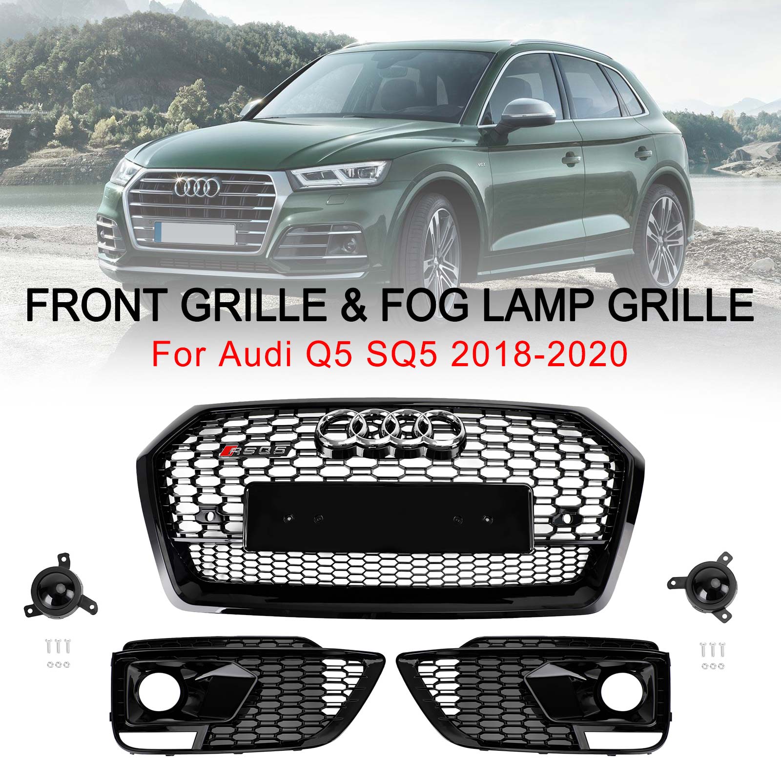 Parrilla delantera negra Audi Q5 SQ5 2018-2020 Parrilla de malla de panal estilo RSQ5 + Parrilla de faros antiniebla