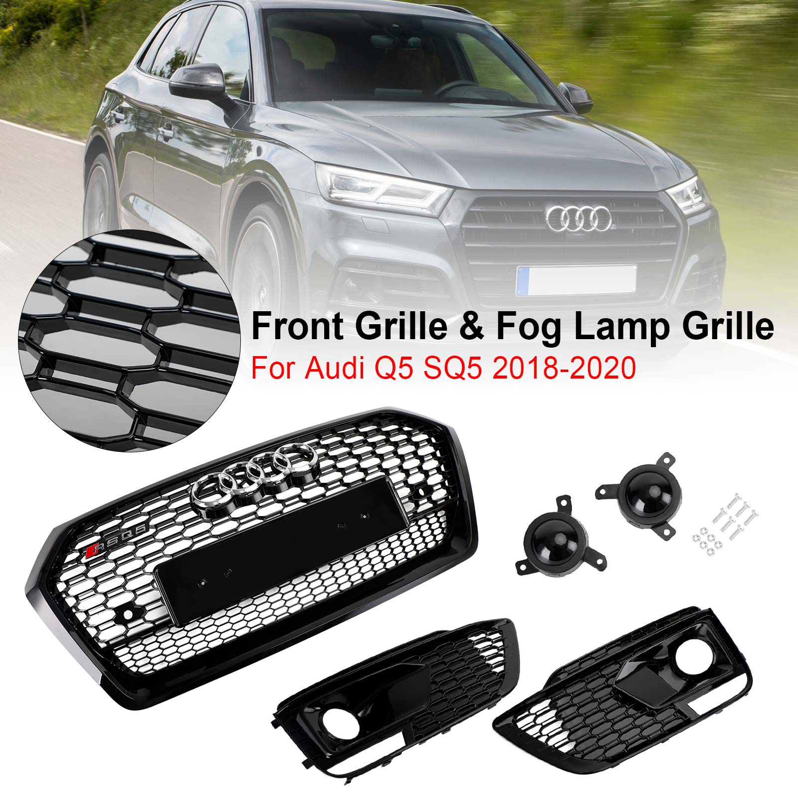 Grille de calandre avant noire Audi Q5 SQ5 2018-2020 style RSQ5 en nid d'abeille + grille de phare antibrouillard