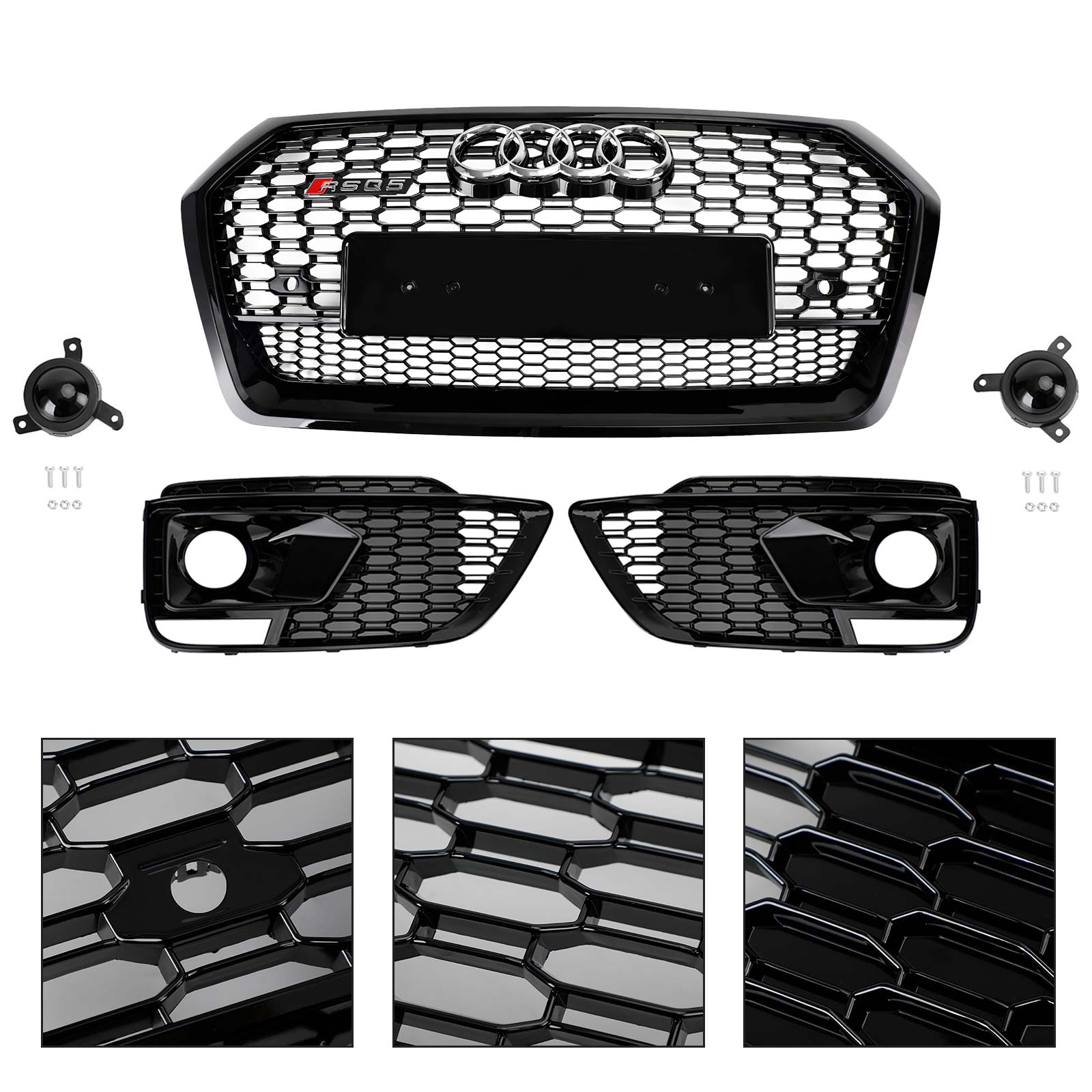 Grille de calandre avant noire Audi Q5 SQ5 2018-2020 style RSQ5 en nid d'abeille + grille de phare antibrouillard