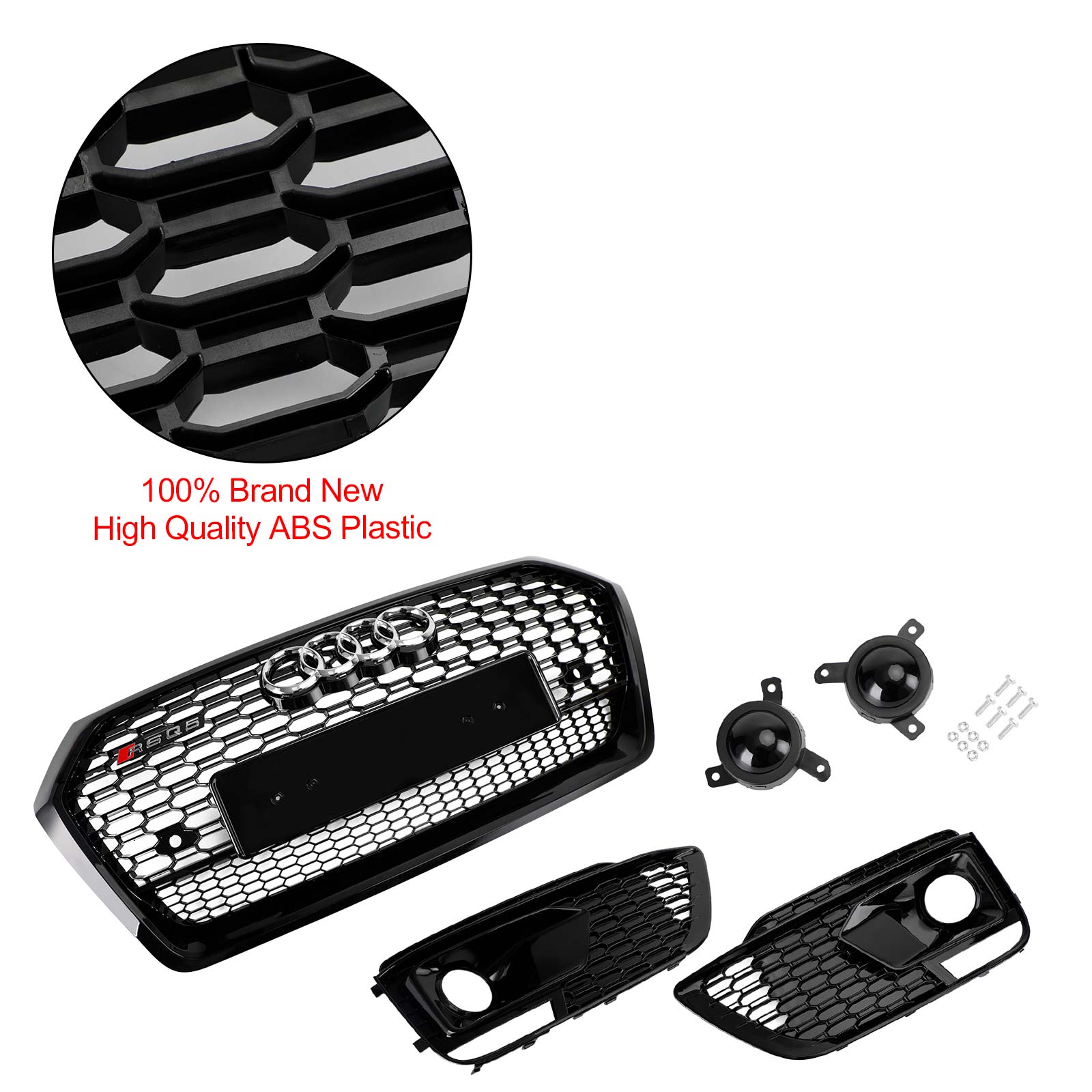 Grille de calandre avant noire Audi Q5 SQ5 2018-2020 style RSQ5 en nid d'abeille + grille de phare antibrouillard