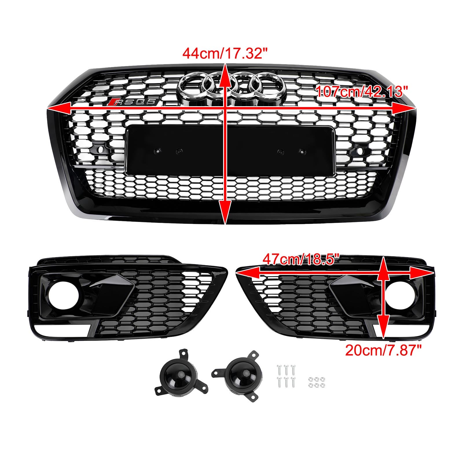 2018-2020 Audi Q5 SQ5 Front Black Grille RSQ5 Style Honeycomb Mesh Grill+Fog Lamp Grill - 0