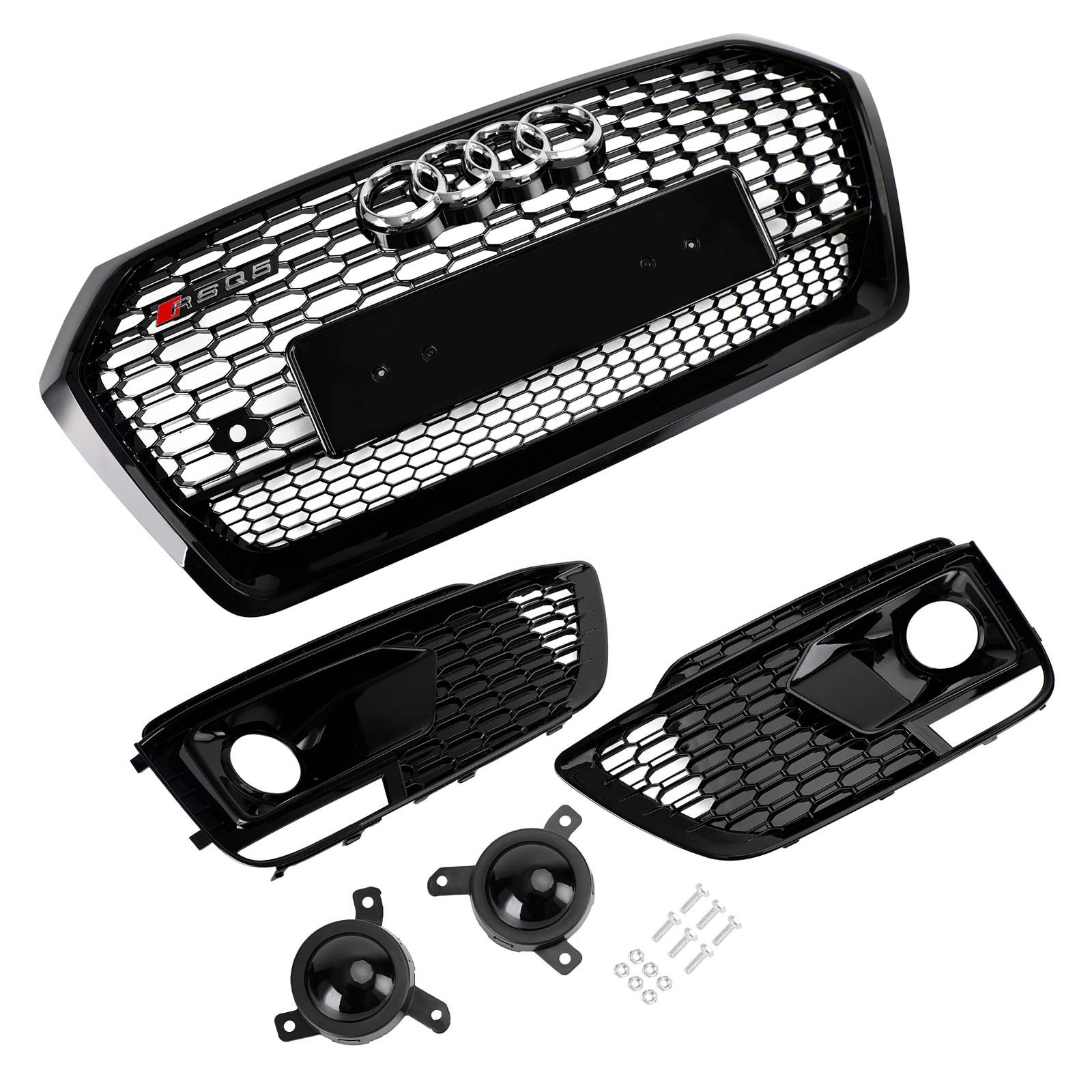 Grille de calandre avant noire Audi Q5 SQ5 2018-2020 style RSQ5 en nid d'abeille + grille de phare antibrouillard