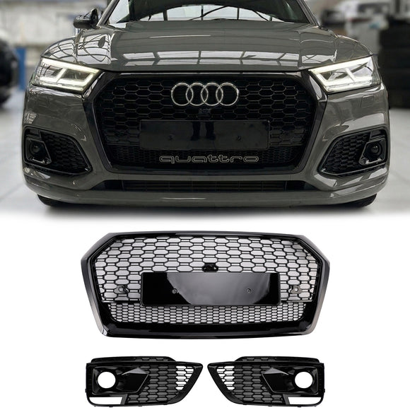 2017-2020 Audi Q5 Sline / SQ5 Front Black Grille RSQ5 Style Honeycomb Mesh Grill + Fog Lamp Grill