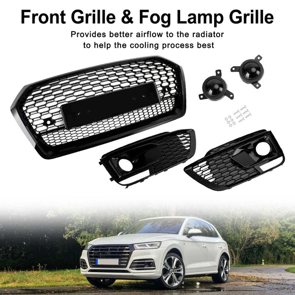 2017-2020 Audi Q5 Sline / SQ5 Front Black Grille RSQ5 Style Honeycomb Mesh Grill + Fog Lamp Grill