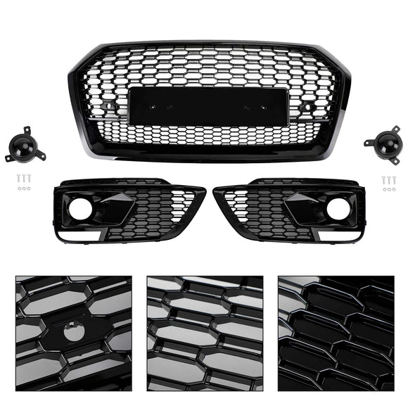2017-2020 Audi Q5 Sline / SQ5 Front Black Grille RSQ5 Style Honeycomb Mesh Grill + Fog Lamp Grill