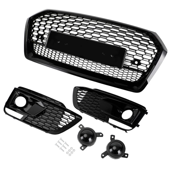 2017-2020 Audi Q5 Sline / SQ5 Front Black Grille RSQ5 Style Honeycomb Mesh Grill + Fog Lamp Grill