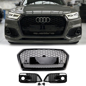Parrilla delantera negra Audi Q5 Sline/SQ5 2017-2020, parrilla de malla de panal estilo RSQ5 + parrilla de lámpara antiniebla
