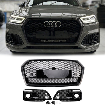 2017-2020 Audi Q5 Sline/SQ5 Grade dianteira preta RSQ5 estilo grade de malha em favo de mel + grelha para farol de neblina