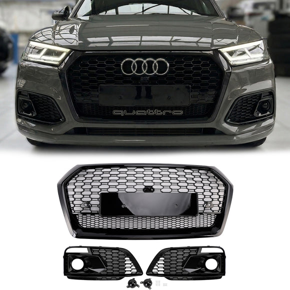 2017-2020 Audi Q5 Sline / SQ5 Front Black Grille RSQ5 Style Honeycomb Mesh Grill + Fog Lamp Grill