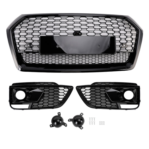 2017-2020 Audi Q5 Sline / SQ5 Front Black Grille RSQ5 Style Honeycomb Mesh Grill + Fog Lamp Grill