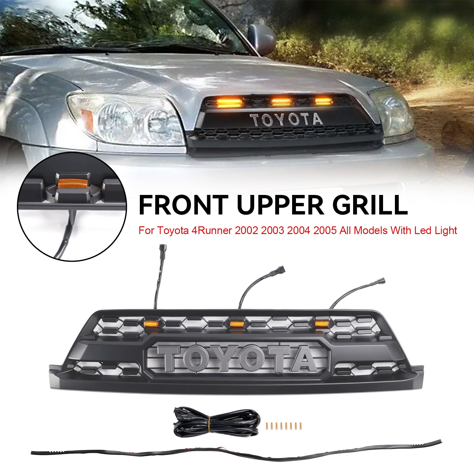 Parrilla delantera para Toyota 4Runner 2002-2005, estilo TRD PRO, color negro, con luces LED