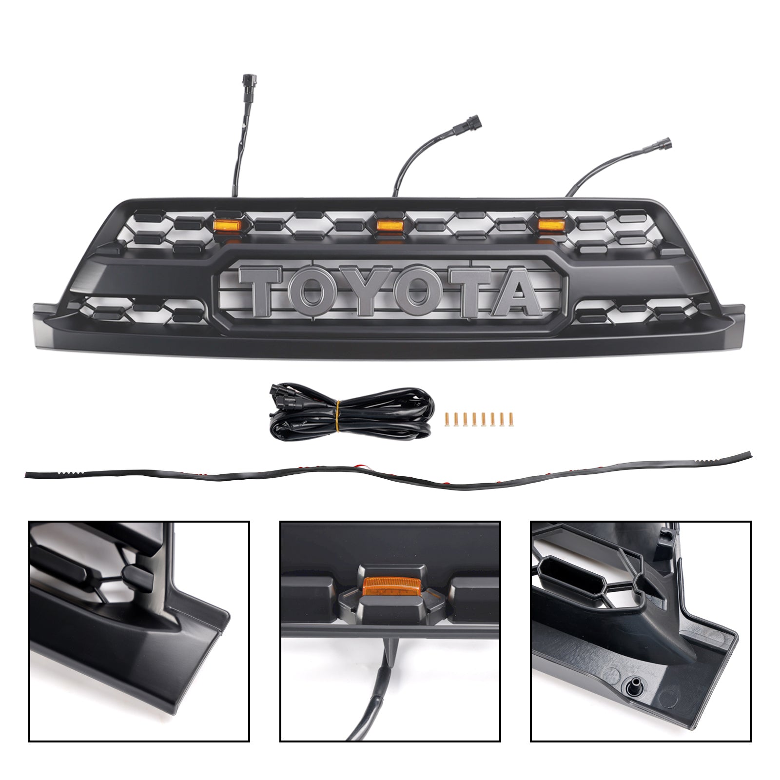 Parrilla delantera para Toyota 4Runner 2002-2005, estilo TRD PRO, color negro, con luces LED