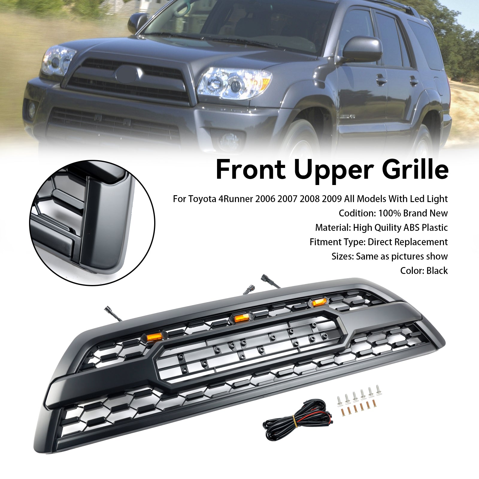 2006-2009 Toyota 4Runner TRD PRO Style W/LED Front Bumper Grill Replacement Black Grille