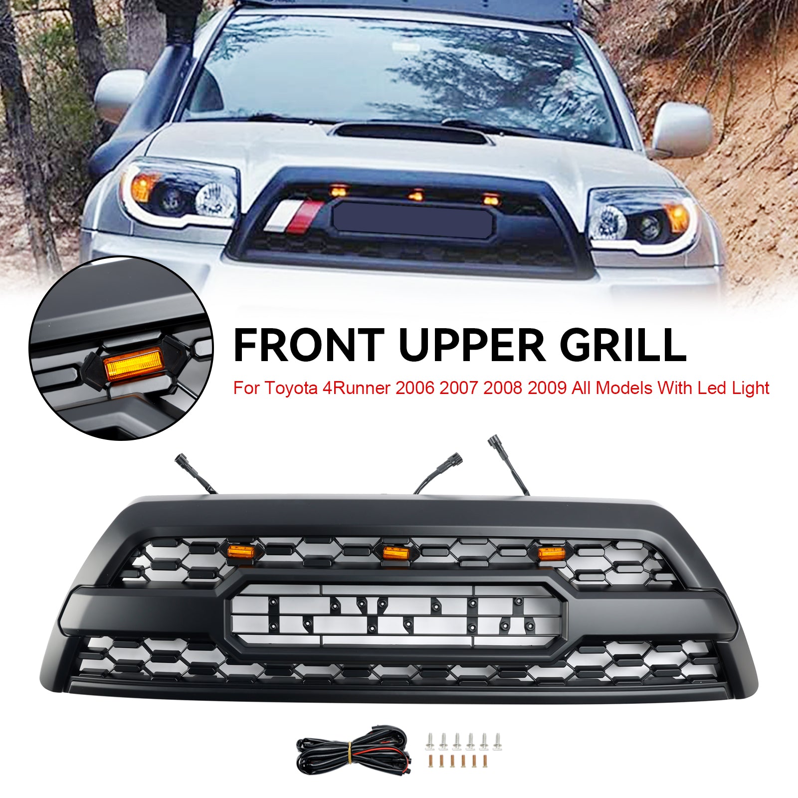 Grille de pare-chocs avant de remplacement pour Toyota 4Runner TRD PRO Style 2006-2009 avec LED, calandre noire