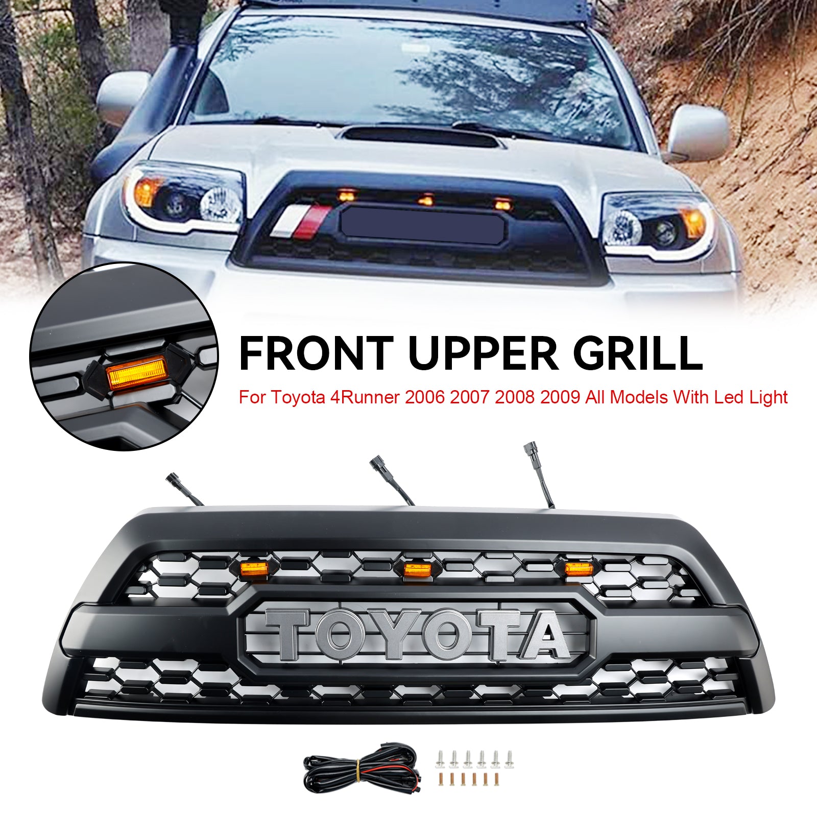 2006-2009 Toyota 4Runner TRD PRO Style Front Bumper Grill Black Grille W/ LED Light