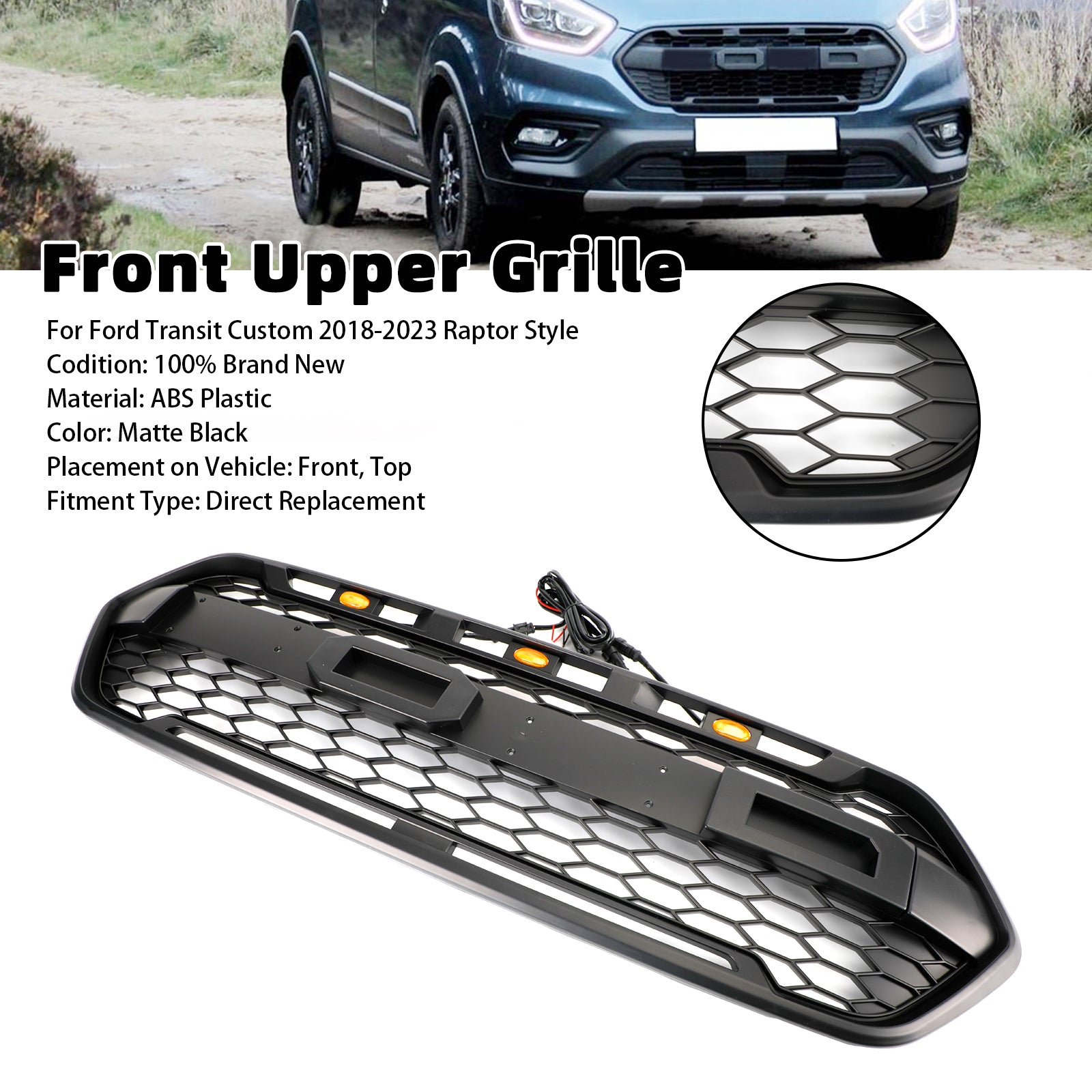 Grille avant Ford Transit Custom 2022 style Raptor en noir mat avec 3 LED pour pare-chocs supérieur