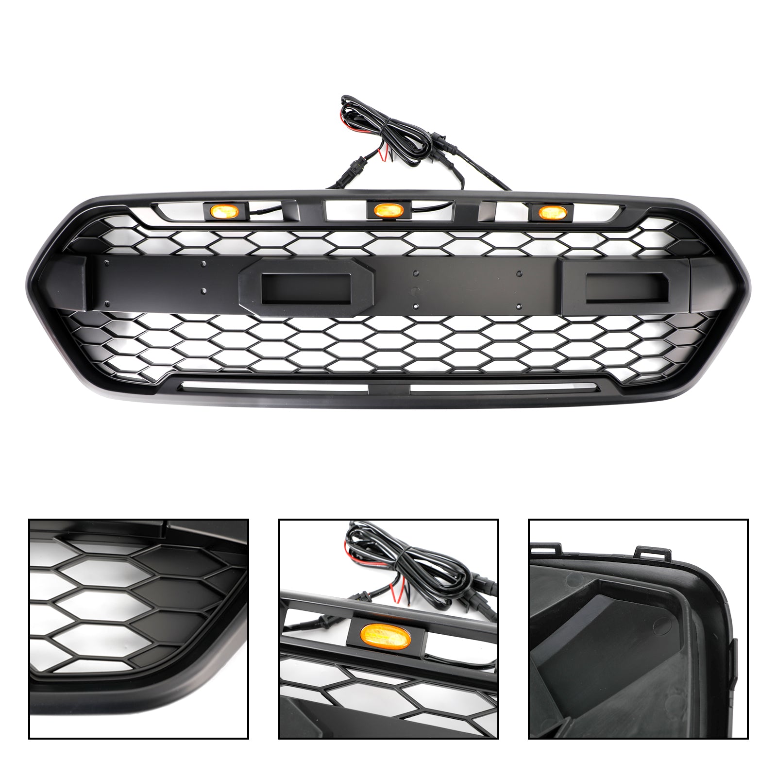 Grille avant Ford Transit Custom 2019 style Raptor en noir mat avec 3 LED pour pare-chocs supérieur