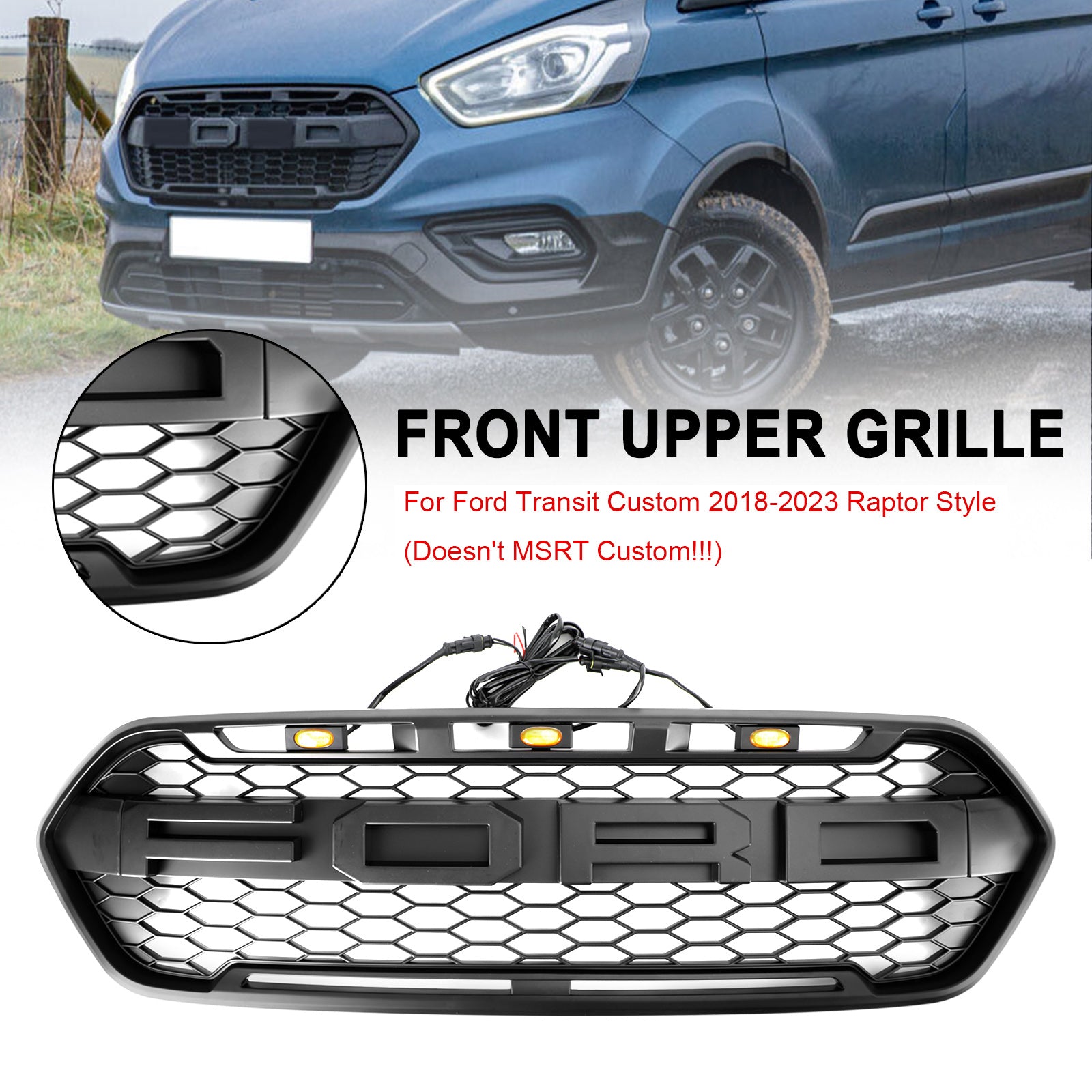 Grille de pare-chocs avant noire mate de style Ford Transit Custom Raptor 2018-2023 avec 3 LED