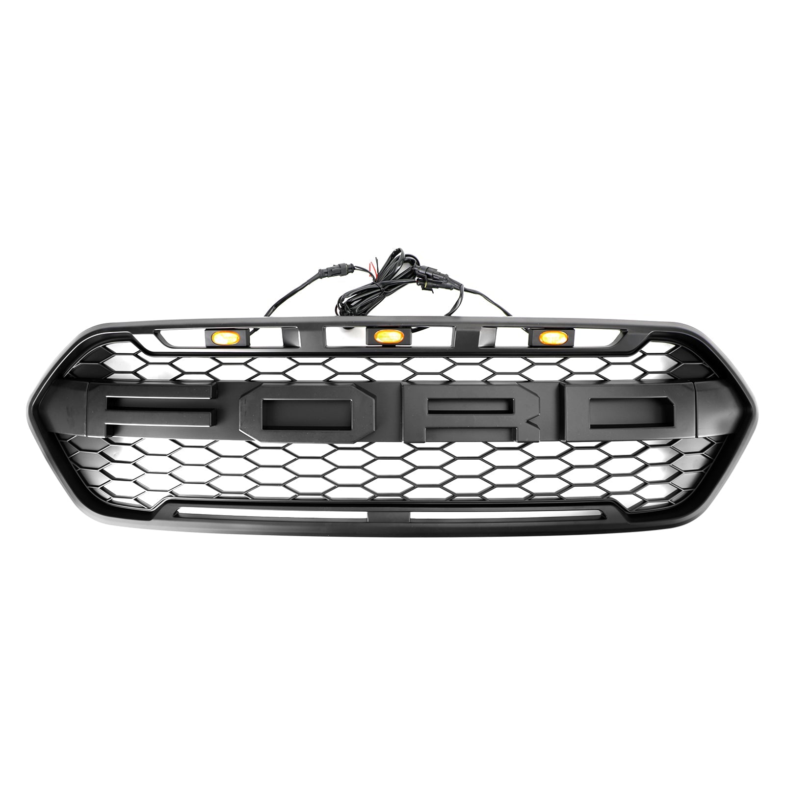 Grille avant Ford Transit Custom 2019 style Raptor en noir mat avec 3 LED pour pare-chocs supérieur