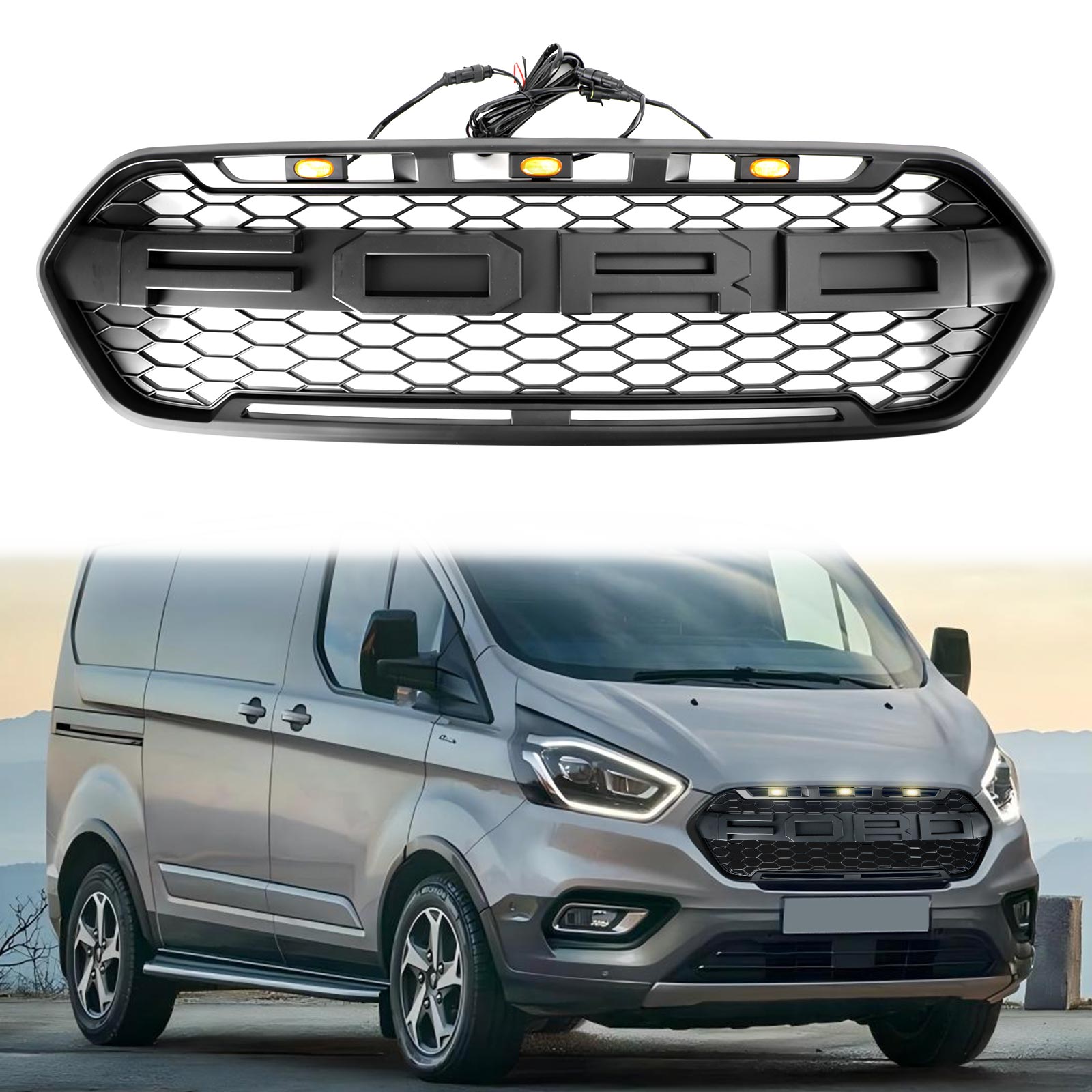 Grille de pare-chocs avant noire mate de style Ford Transit Custom Raptor 2018-2023 avec 3 LED