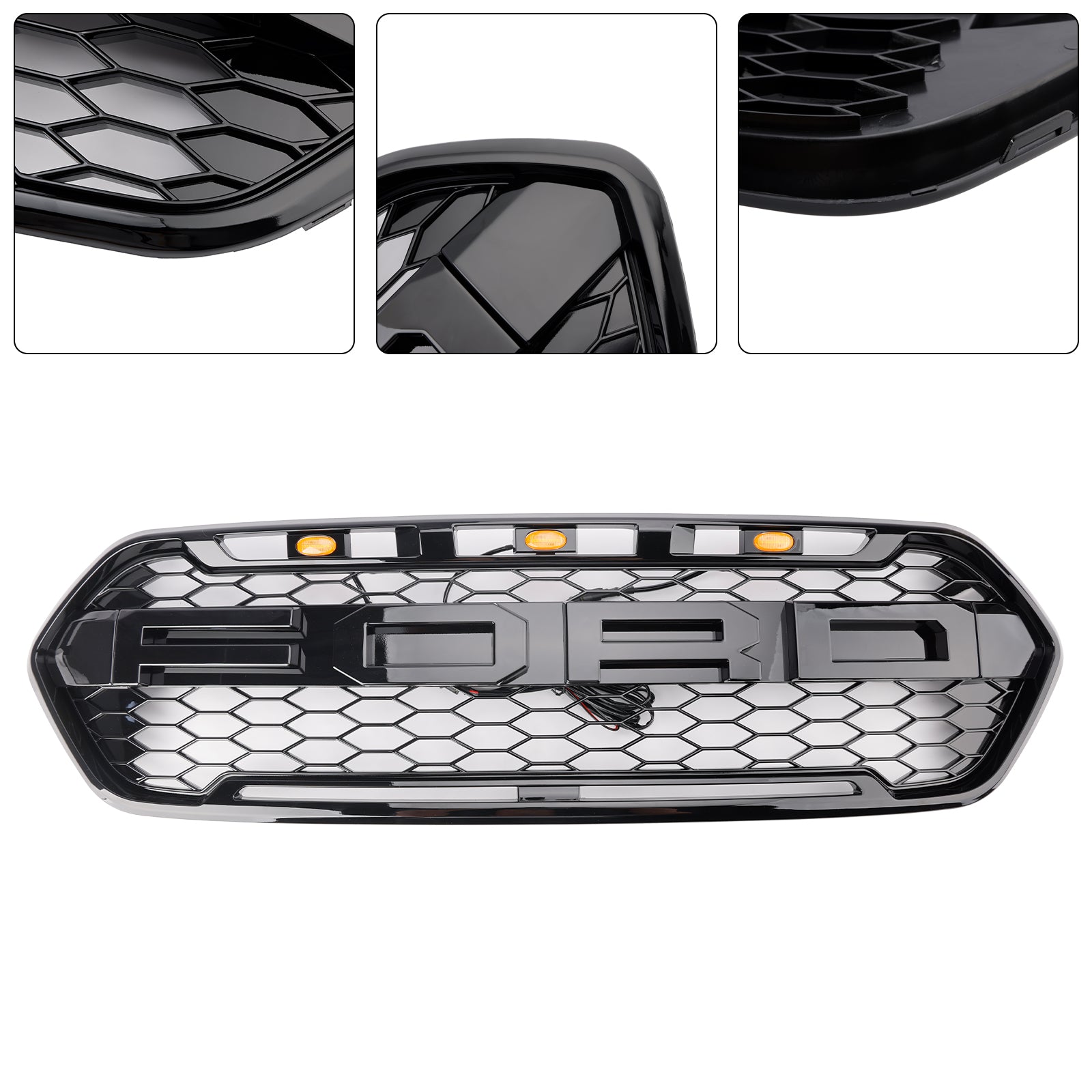 Ford Transit 2018-2023 Custom Raptor Front Grill Black Front Bumper Replacement Grille With Led Light