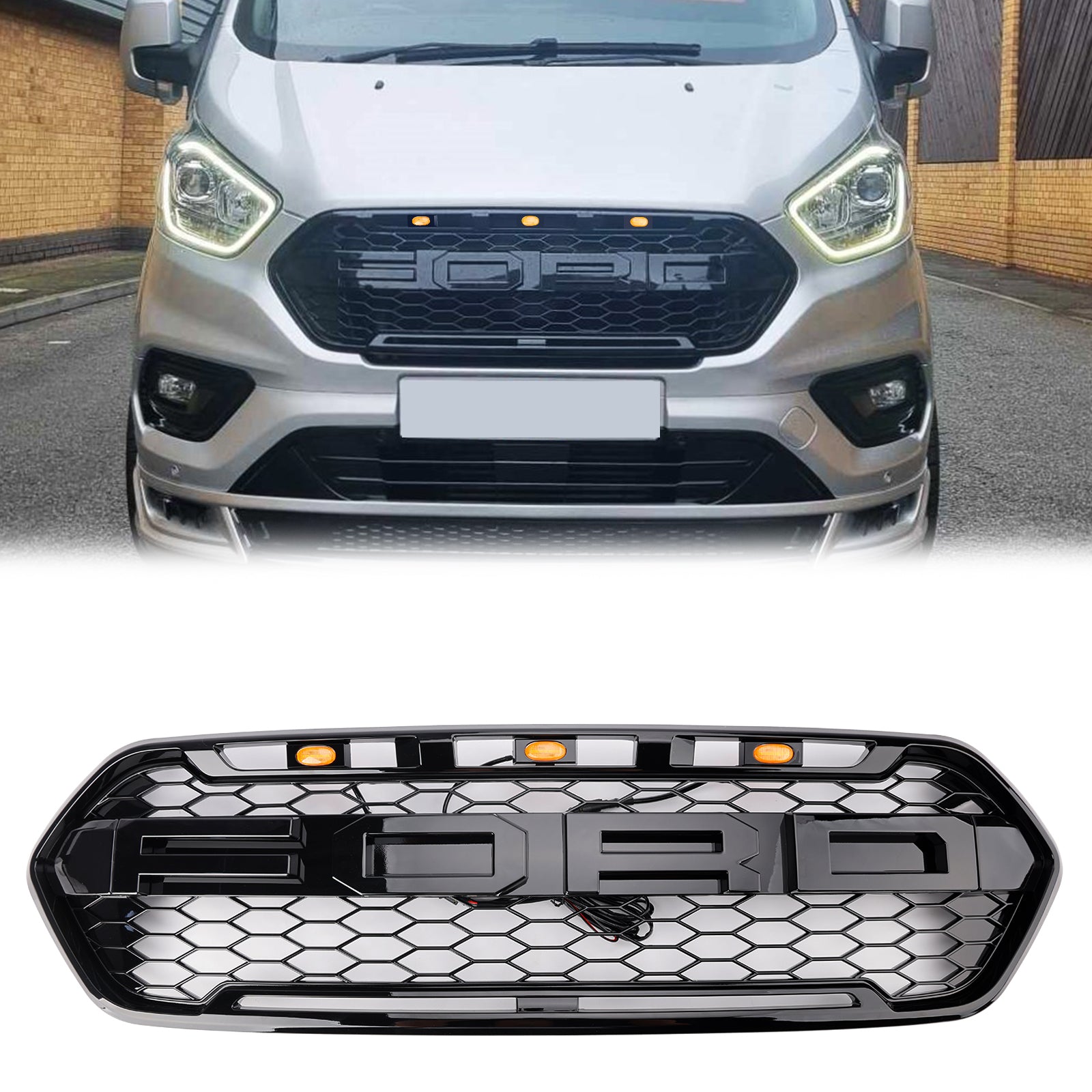 Ford Transit Custom 2018 2019 2020 2021 2022 2023 Calandre style Raptor avec éclairage LED ambré + lettre