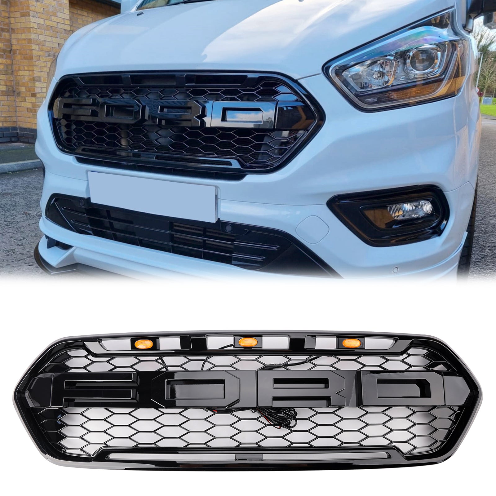 Ford Transit 2018-2023 Custom Raptor Front Grill Black Front Bumper Replacement Grille With Led Light