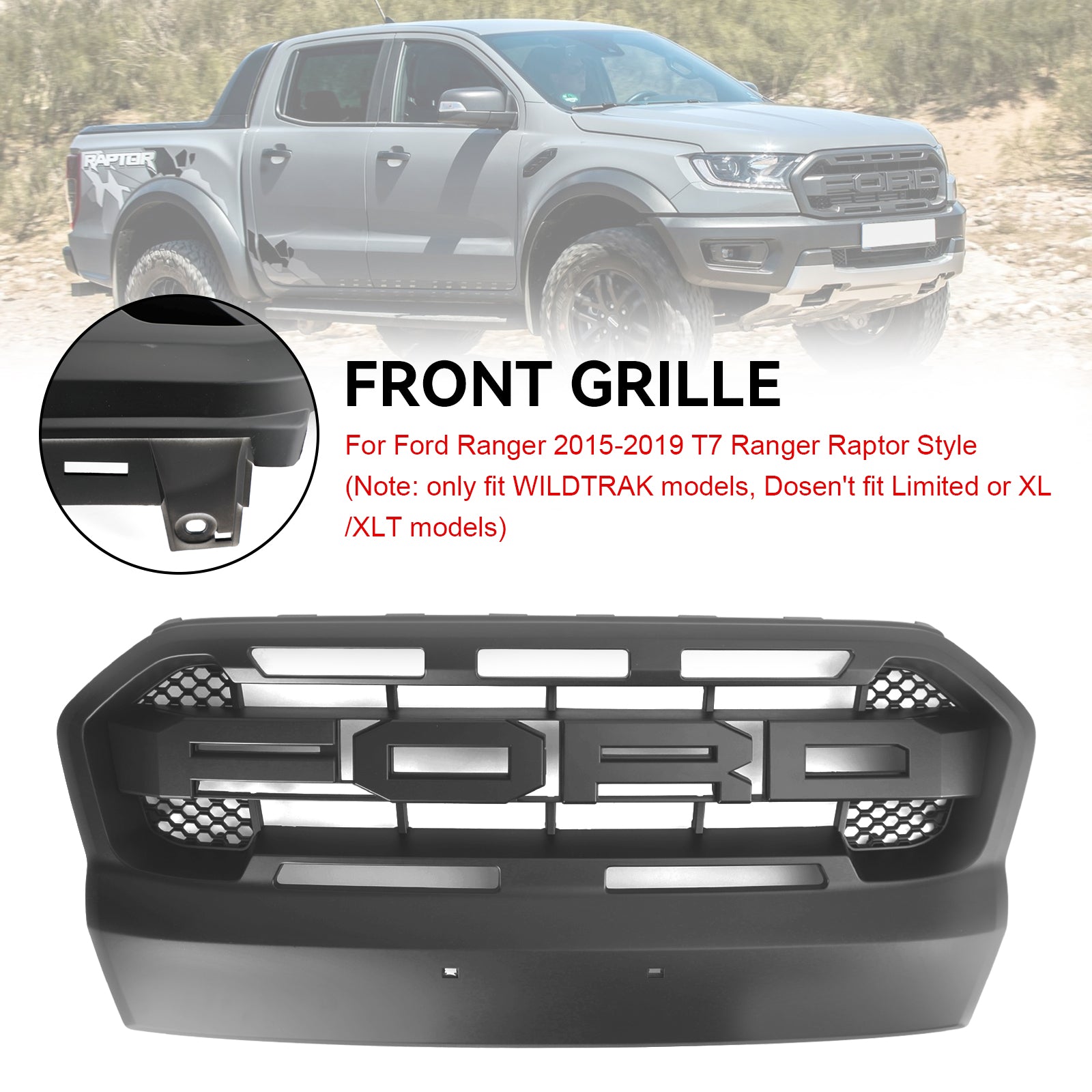 Grille de pare-chocs avant de remplacement de style Ford Ranger T7 Wildtrak Raptor 2015-2019 Grille noire mate