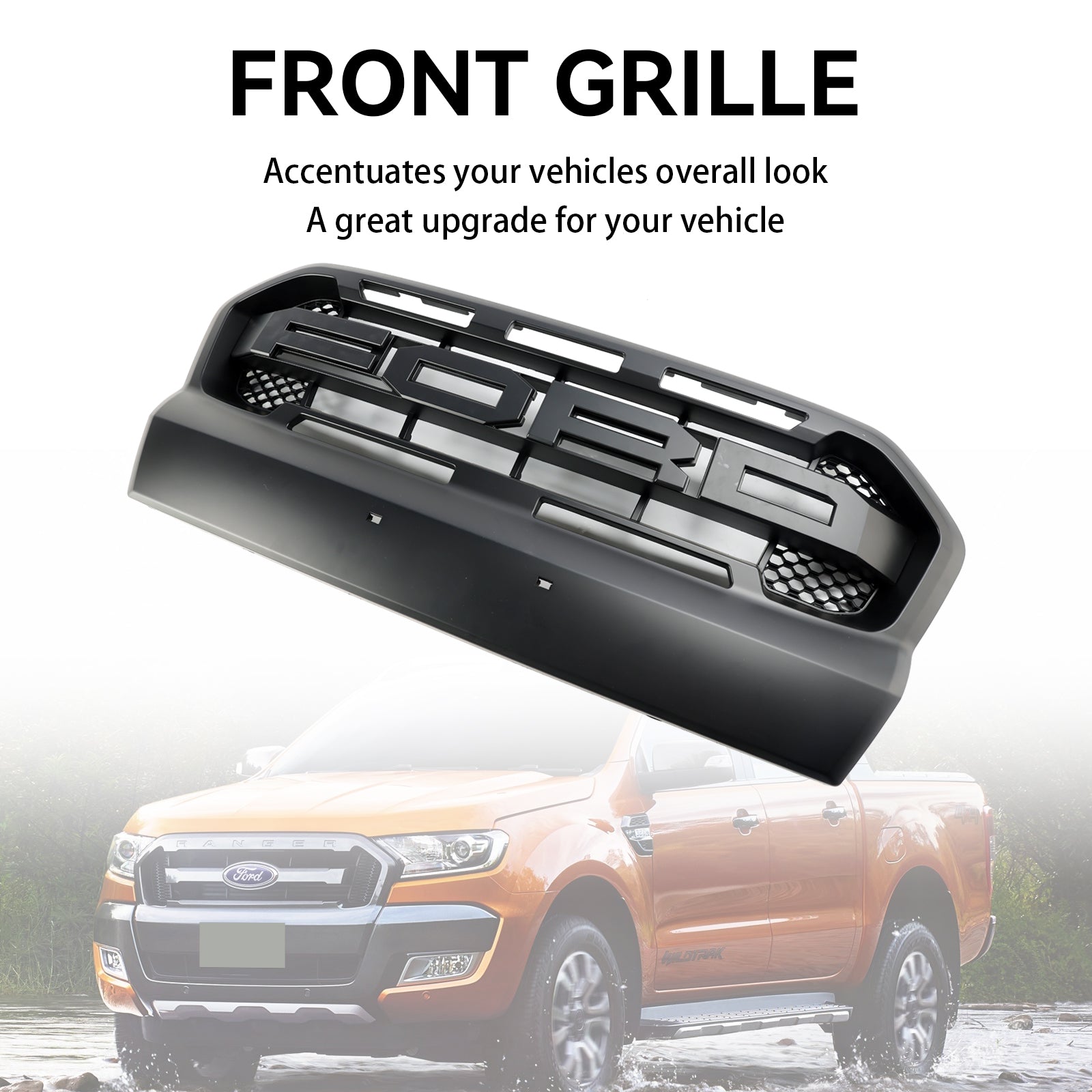 Grille de pare-chocs avant de remplacement de style Ford Ranger T7 Wildtrak Raptor 2015-2019 Grille noire mate