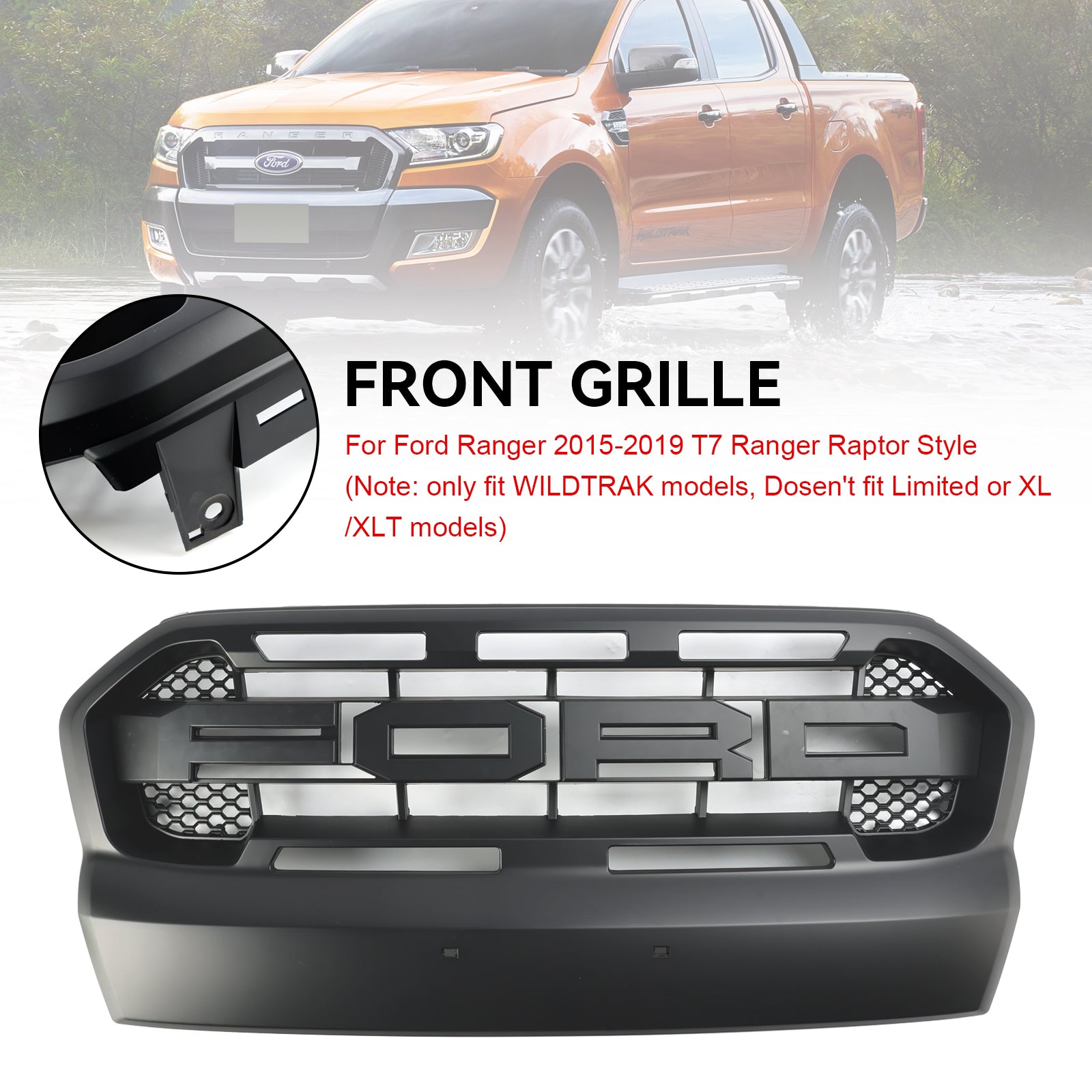 Grille de pare-chocs avant de remplacement de style Ford Ranger T7 Wildtrak Raptor 2015-2019 Grille noire mate